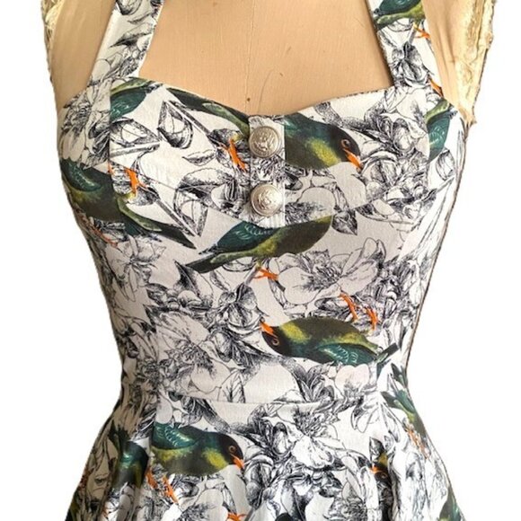 Hearts & Roses  Rockabilly Dress Pin Up 50s retro birds print halter neck, tulle - Picture 3 of 16